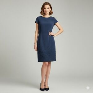 PH5 Navy Blue Sheath Dress‎ Short Sleeve Textured Hem Women US 6 EU 40 UK 10